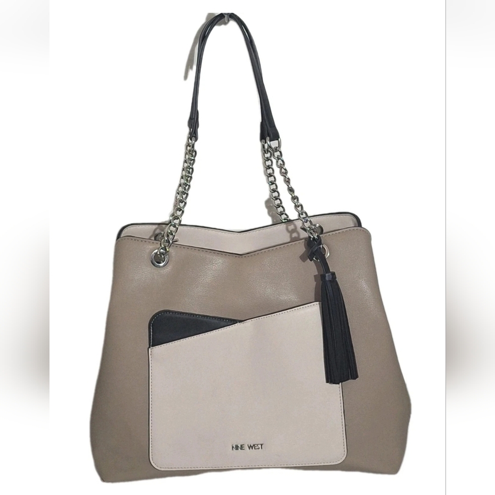 Nine West Large Mauve Taupe Faux Leather Shoulder Bag Tote Satchel Chain Strap